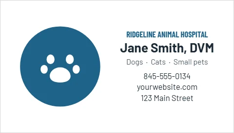 Business card template, veterinary clinic, reading "Jane Smith, DVM", "845-555-0134" and "yourwebsite.com", in steel blue and white