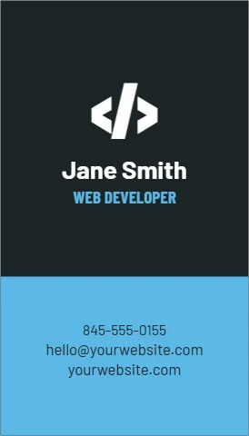 Business card template, web developer, reading "</>", "Jane Smith" and "WEB DEVELOPER", in sky blue and charcoal