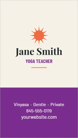 Business card template, yoga teacher, reading "Jane Smith", "YOGA TEACHER" and "yourwebsite.com", in purple and cream
