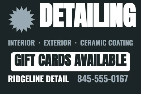 Car magnet template, detailing, reading "DETAILING", "GIFT CARDS AVAILABLE" and "845-555-0167", in white and charcoal