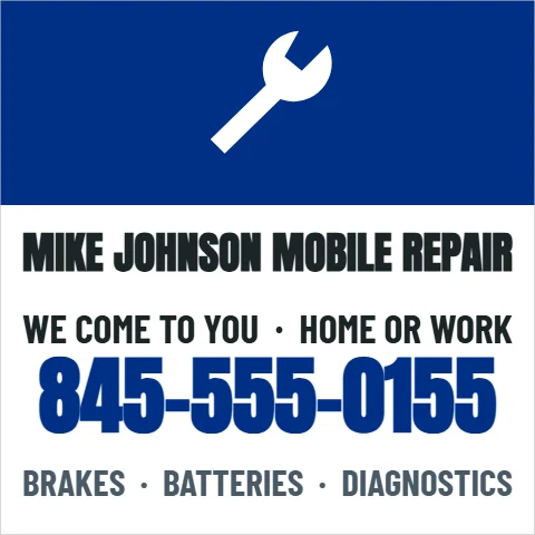 Car magnet template, mobile mechanic, door magnet, reading "MIKE JOHNSON MOBILE REPAIR", "WE COME TO YOU · HOME OR WORK" and "845-555-0155", in blue and white