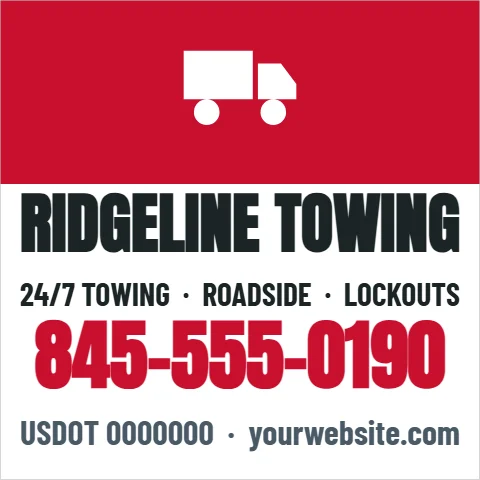 Car magnet template, towing, door magnet, reading "RIDGELINE TOWING", "845-555-0190" and "USDOT 0000000 · yourwebsite.com", in red and white