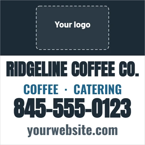 Car magnet template, car magnet, business, reading "RIDGELINE COFFEE CO.", "845-555-0123" and "yourwebsite.com", in navy and white, with a space for your logo