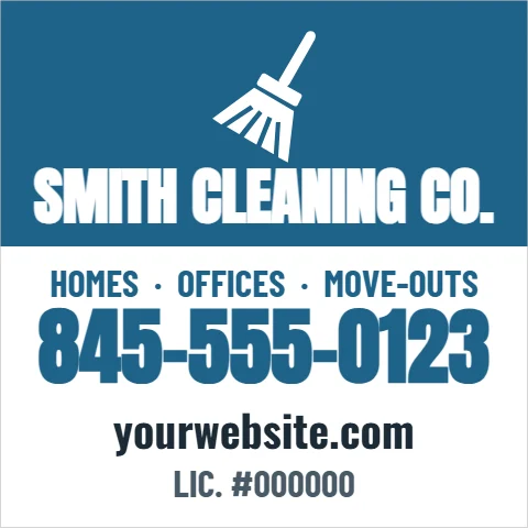 Car magnet template, cleaning service, reading "SMITH CLEANING CO.", "845-555-0123" and "yourwebsite.com", in steel blue and white