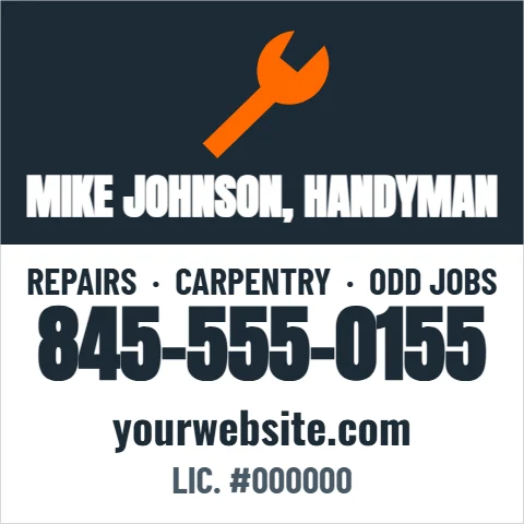 Car magnet template, handyman, reading "MIKE JOHNSON, HANDYMAN", "845-555-0155" and "yourwebsite.com", in navy and white