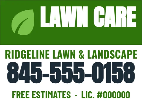 Car magnet template, lawn care, reading "LAWN CARE", "RIDGELINE LAWN & LANDSCAPE" and "845-555-0158", in green and white