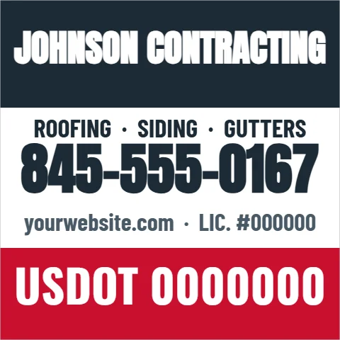 Car magnet template, truck magnet, contractor, reading "JOHNSON CONTRACTING", "845-555-0167" and "USDOT 0000000", in navy and white