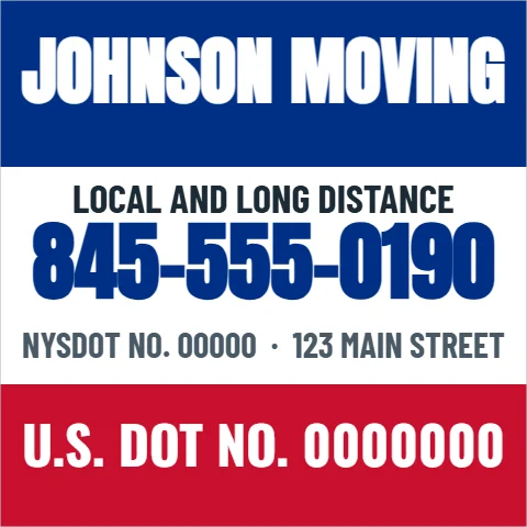 Car magnet template, truck magnet, interstate mover, reading "JOHNSON MOVING", "845-555-0190" and "U.S. DOT NO. 0000000", in blue and white