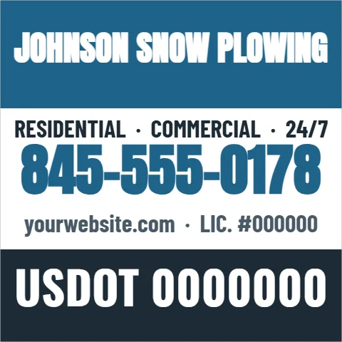 Car magnet template, truck magnet, snow plowing, reading "JOHNSON SNOW PLOWING", "845-555-0178" and "USDOT 0000000", in steel blue and white
