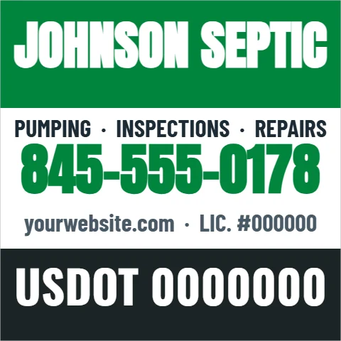 Car magnet template, truck magnet, septic, reading "JOHNSON SEPTIC", "845-555-0178" and "USDOT 0000000", in green and white