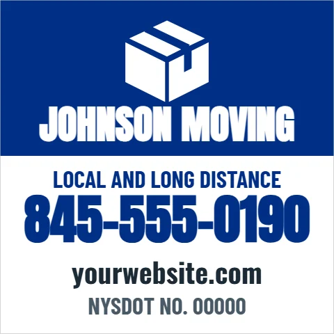 Car magnet template, moving company, reading "JOHNSON MOVING", "845-555-0190" and "yourwebsite.com", in blue and white