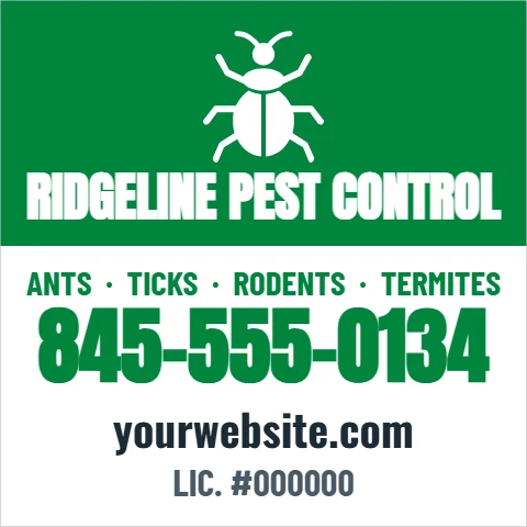 Car magnet template, pest control, reading "RIDGELINE PEST CONTROL", "845-555-0134" and "yourwebsite.com", in green and white