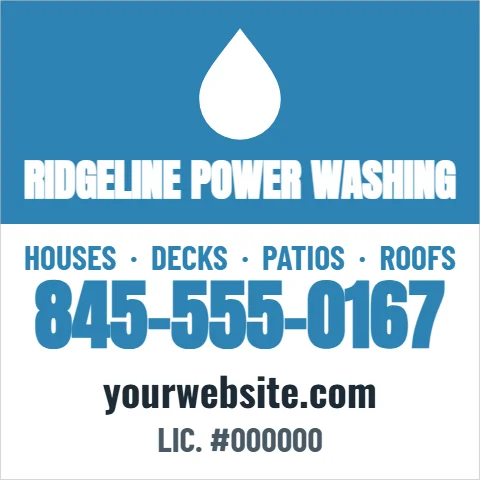 Car magnet template, power washing, reading "RIDGELINE POWER WASHING", "845-555-0167" and "yourwebsite.com", in blue and white