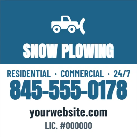Car magnet template, snow plowing, reading "SNOW PLOWING", "845-555-0178" and "yourwebsite.com", in steel blue and white
