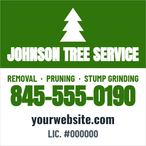 Car magnet template, tree service, reading "JOHNSON TREE SERVICE", "845-555-0190" and "yourwebsite.com", in green and white
