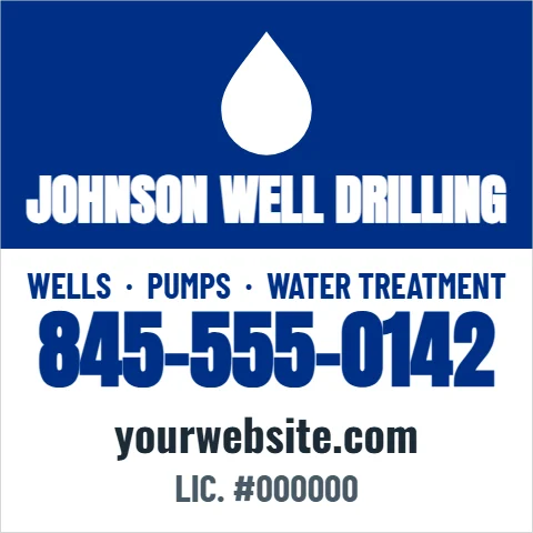 Car magnet template, well drilling, reading "JOHNSON WELL DRILLING", "845-555-0142" and "yourwebsite.com", in blue and white