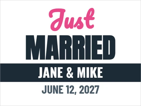 Car magnet template, just married, reading "Just", "MARRIED" and "JANE & MIKE", in navy and white