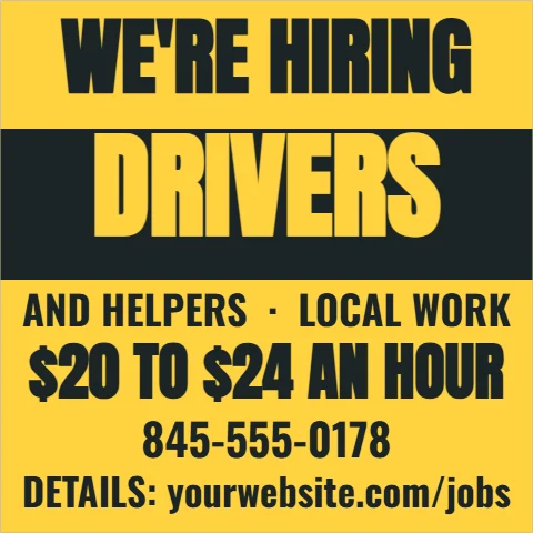 Car magnet template, car magnet, drivers wanted, reading "WE'RE HIRING", "DRIVERS" and "$20 TO $24 AN HOUR", in charcoal and yellow