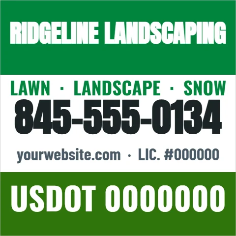 Car magnet template, truck magnet, landscaping, reading "RIDGELINE LANDSCAPING", "845-555-0134" and "USDOT 0000000", in green and white