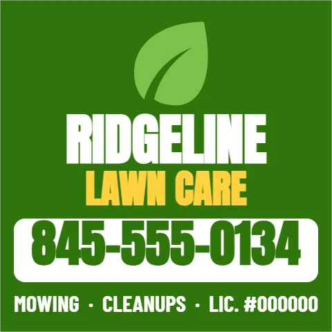 Car magnet template, car magnet, lawn service, reading "RIDGELINE", "LAWN CARE" and "845-555-0134", in white and green