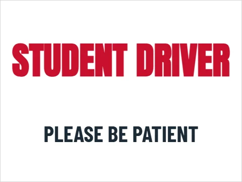 Car magnet template, student driver, reading "STUDENT DRIVER" and "PLEASE BE PATIENT", in white