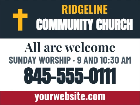 Car magnet template, church van, reading "COMMUNITY CHURCH", "All are welcome" and "845-555-0111", in navy and white
