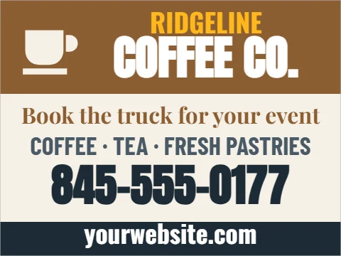 Car magnet template, coffee truck, reading "RIDGELINE", "COFFEE CO." and "845-555-0177", in brown and cream