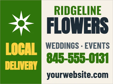 Car magnet template, florist delivery, reading "RIDGELINE", "FLOWERS" and "LOCAL", in green and cream