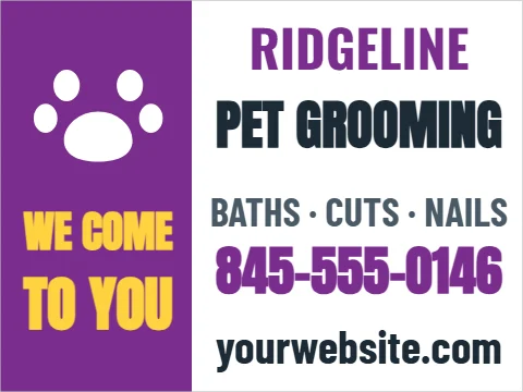 Car magnet template, mobile pet grooming, reading "RIDGELINE", "PET GROOMING" and "TO YOU", in purple and white