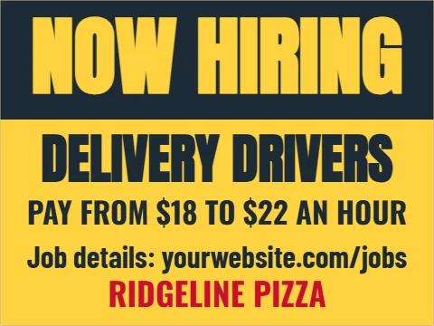 Car magnet template, now hiring drivers, reading "NOW HIRING", "DELIVERY DRIVERS" and "RIDGELINE PIZZA", in navy and yellow