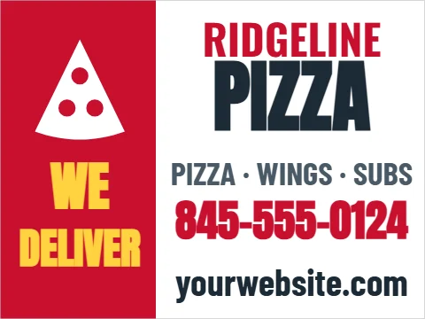 Car magnet template, pizza delivery, reading "RIDGELINE", "PIZZA" and "WE", in red and white