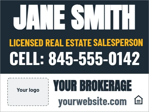 Car magnet template, real estate salesperson, reading "JANE SMITH", "CELL: 845-555-0142" and "YOUR BROKERAGE", in white and navy, with a space for your logo