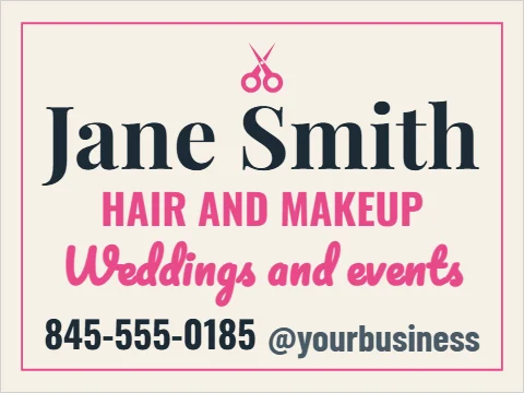 Car magnet template, mobile hair and makeup, reading "Jane Smith", "HAIR AND MAKEUP" and "Weddings and events", in cream
