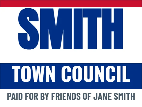 Car magnet template, car magnet, candidate, reading "SMITH", "TOWN COUNCIL" and "PAID FOR BY FRIENDS OF JANE SMITH", in blue and white