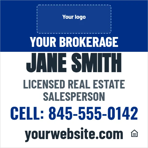 Car magnet template, agent sign, reading "YOUR BROKERAGE", "JANE SMITH" and "CELL: 845-555-0142", in blue and white, with a space for your logo