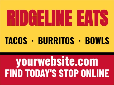 Car magnet template, food truck, name and menu, reading "EATS", "RIDGELINE" and "yourwebsite.com", in red and yellow