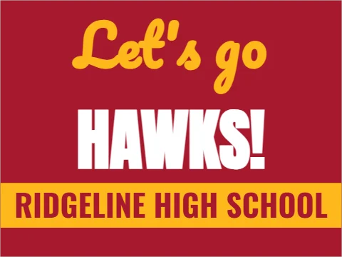 Car magnet template, go team, reading "Let's go", "HAWKS!" and "RIDGELINE HIGH SCHOOL", in gold and maroon
