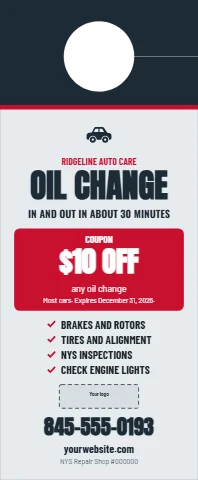 Door hanger template, auto repair, oil change coupon, reading "OIL CHANGE", "$10 OFF" and "845-555-0193", in navy and light gray, with a space for your logo