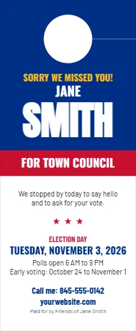 Door hanger template, sorry we missed you, candidate, reading "JANE", "SMITH" and "FOR TOWN COUNCIL", in blue and white