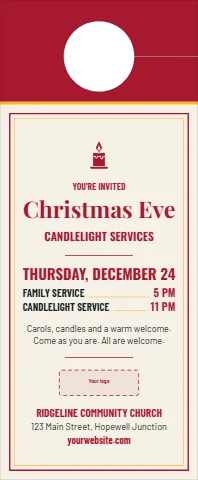 Door hanger template, church Christmas Eve invitation, reading "Christmas Eve", "CANDLELIGHT SERVICES" and "THURSDAY, DECEMBER 24", in maroon and cream, with a space for your logo