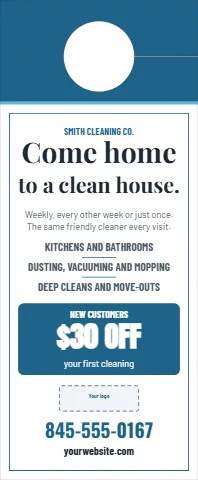 Door hanger template, house cleaning, first clean offer, reading "Come home", "$30 OFF" and "845-555-0167", in steel blue and white, with a space for your logo