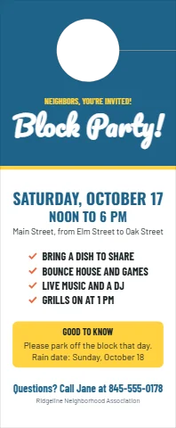 Door hanger template, block party, neighborhood notice, reading "Block Party!", "SATURDAY, OCTOBER 17" and "NOON TO 6 PM", in steel blue and white