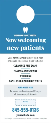 Door hanger template, dental, welcoming new patients, reading "Now welcoming", "new patients" and "845-555-0136", in blue and white, with a space for your logo
