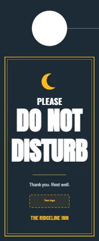 Door hanger template, do not disturb, make up room, reading "PLEASE", "DO NOT" and "DISTURB", in navy, with a space for your logo