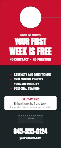 Door hanger template, gym, first week free, reading "YOUR FIRST", "WEEK IS FREE" and "845-555-0124", in red and charcoal, with a space for your logo