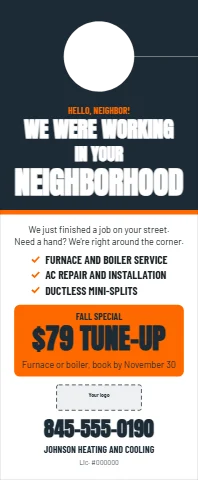 Door hanger template, HVAC, we were in your neighborhood, reading "WE WERE WORKING", "NEIGHBORHOOD" and "$79 TUNE-UP", in navy and white, with a space for your logo