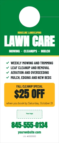 Door hanger template, lawn care, fall cleanup offer, reading "LAWN CARE", "$25 OFF" and "845-555-0134", in green and white, with a space for your logo