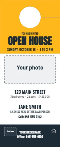 Door hanger template, open house invitation, reading "OPEN HOUSE", "123 MAIN STREET" and "JANE SMITH", in gold and white, with a space for your logo