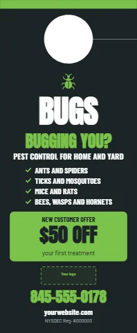 Door hanger template, pest control, bold on charcoal, reading "BUGS", "BUGGING YOU?" and "$50 OFF", in lime and charcoal, with a space for your logo