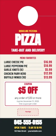 Door hanger template, pizza take-out, coupon, reading "PIZZA", "$5 OFF" and "845-555-0155", in red and cream, with a space for your logo